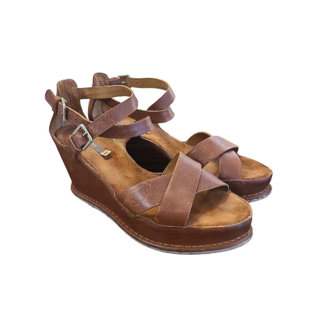 Alberto Fermani Open Toe Criss Cross Strap Platform Leather Wedge Brown Italy 40